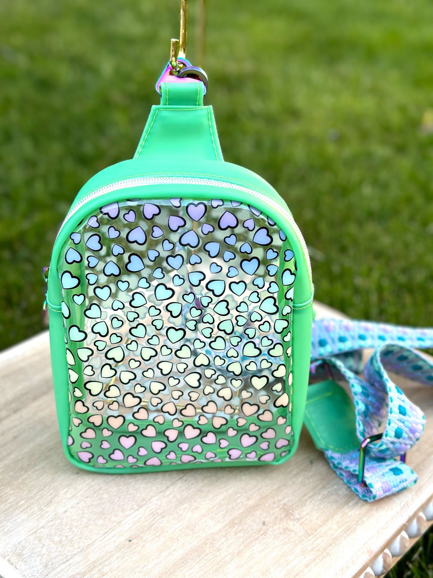 ClearRainbow Hearts Front Sling Bag