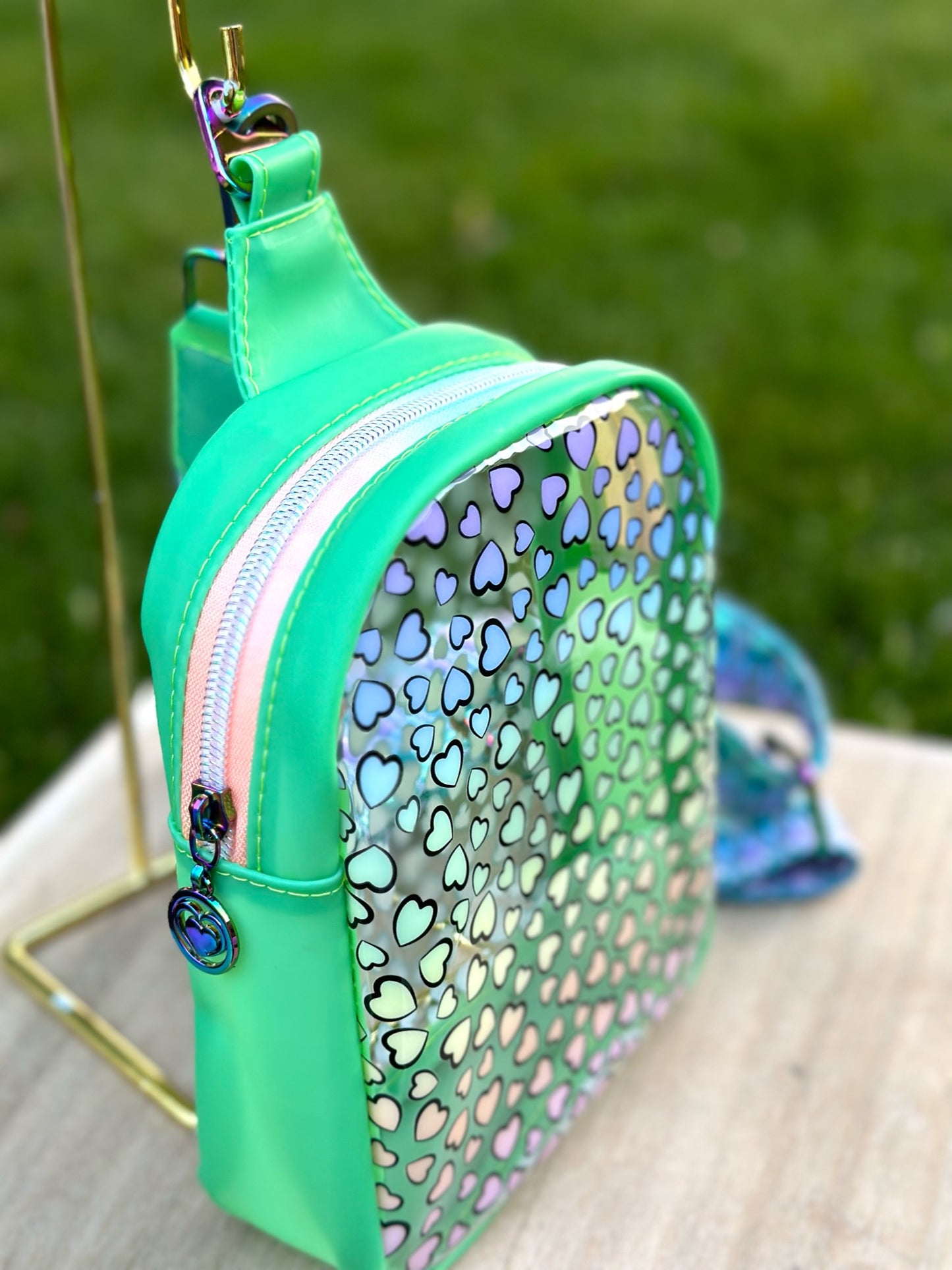 ClearRainbow Hearts Front Sling Bag