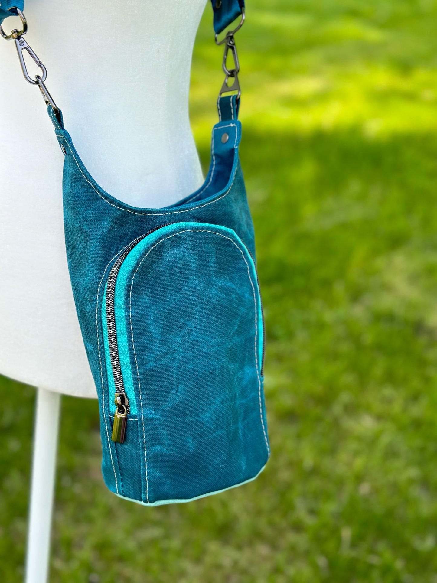 Teal Waxed Canvas Water Bottle Sling