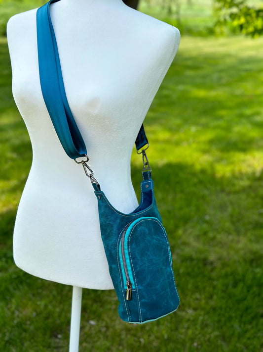 Teal Waxed Canvas Water Bottle Sling