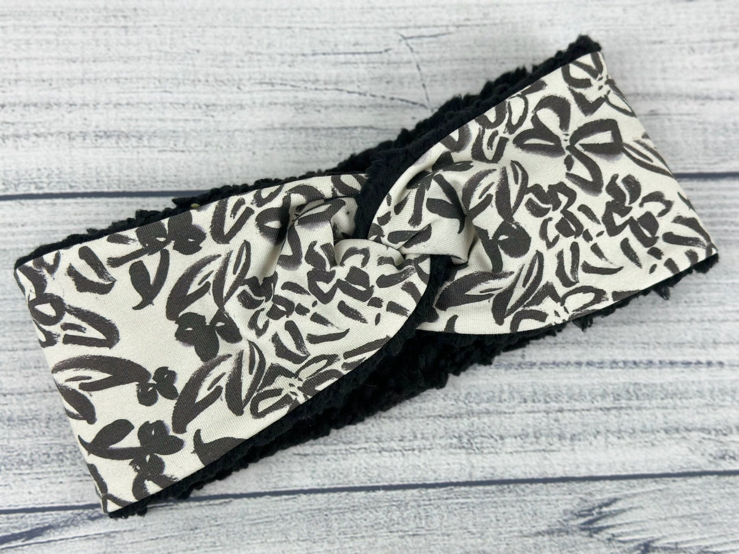 Black and Ivory Floral Ear Warmer
