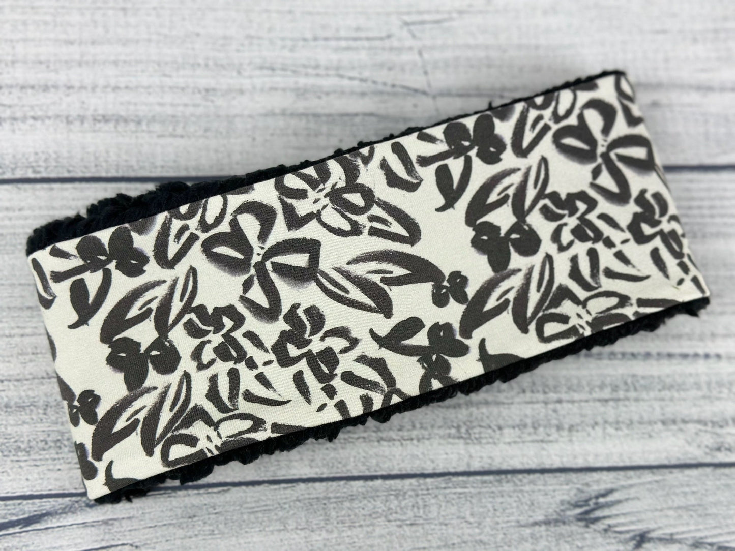 Black and Ivory Floral Ear Warmer